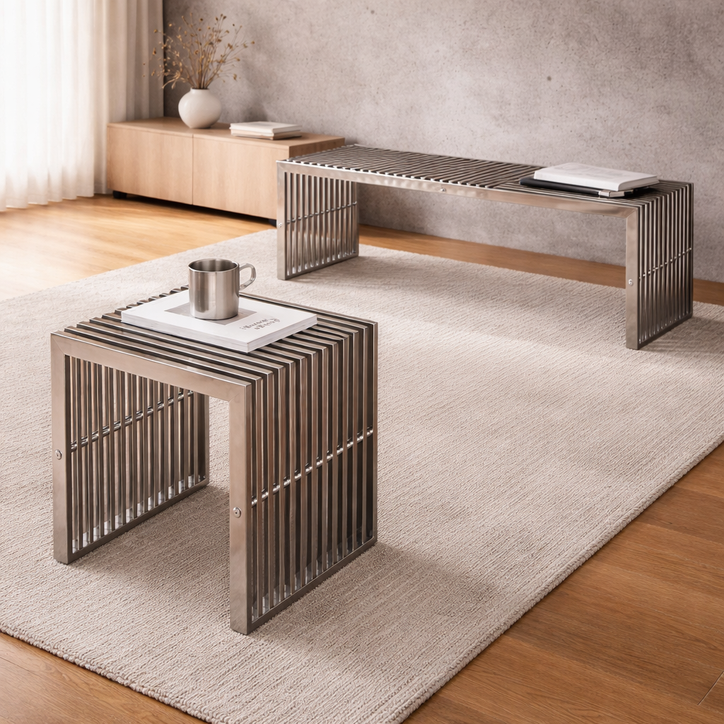 NORDEN Grid — Stainless Steel Table & Bench